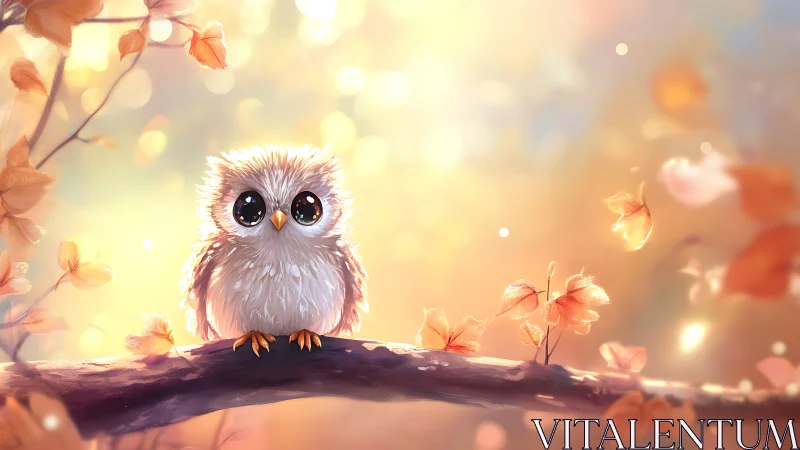 Adorable fluffy owl on branch in dreamy autumn fantasy art.