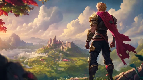 Armored hero surveys sunlit valley kingdom in epic vista.