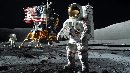 Astronaut on lunar surface beside flag and lander at night.