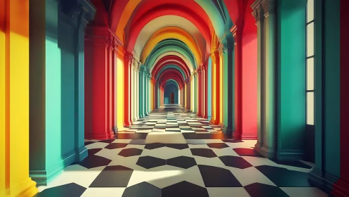 Chromatic neoclassical arcade with geometric tiled flooring.
