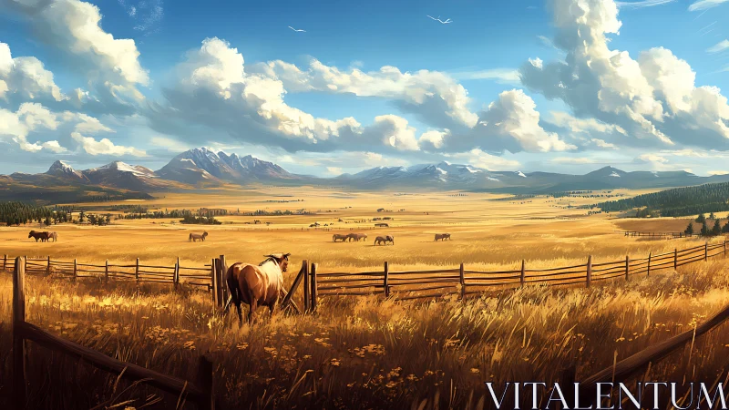 Horses in open grassland before distant mountain range.