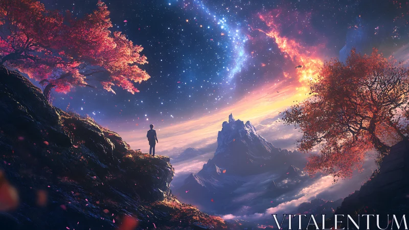 Solitary figure observes stylized mountain and celestial sky