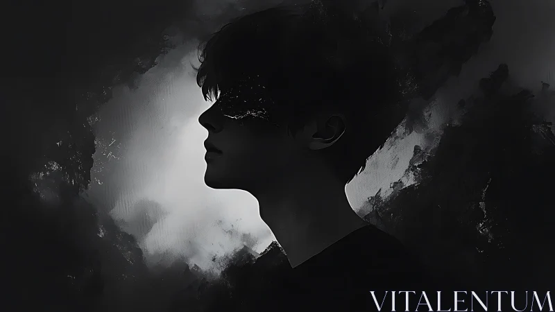 Monochrome male silhouette merged with abstract shadows.