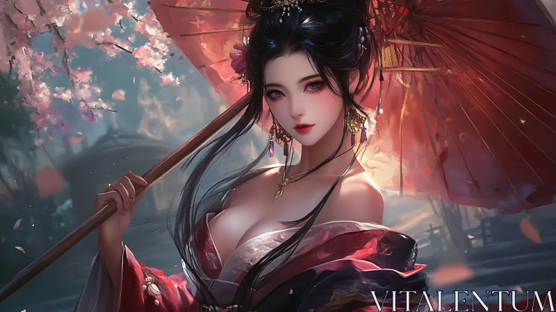 Digital portrait of woman in ornate robe with parasol.