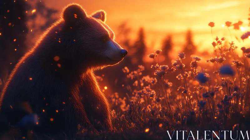 Young bear watches glowing sunset in a wildflower meadow.