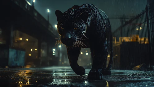 Midnight Wanderer: A Panther's Urban Journey Through Rain.