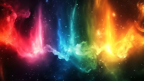 Cosmic rainbow nebula waves over starry deep space.