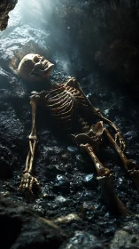 Sunlit skeletal remains in damp cavern floor repose.