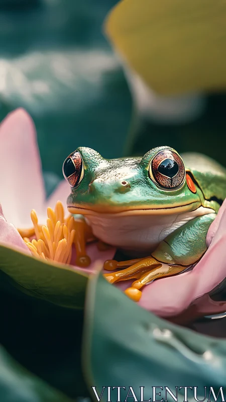 Photorealistic tree frog resting in a lotus bloom macro study