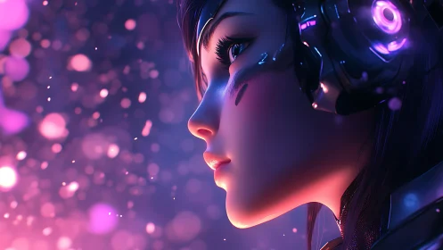 Neon-lit cyber girl in luminous side profile portrait.