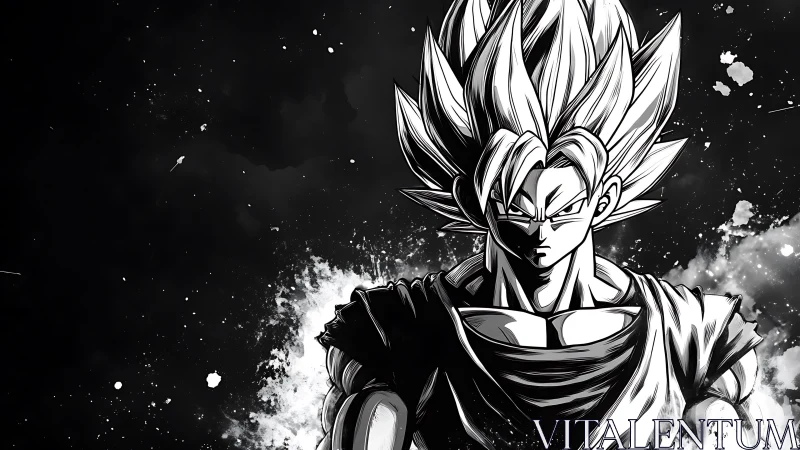 Monochrome anime warrior with spiked hair in void backdrop.