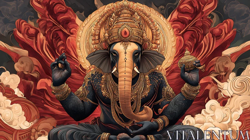 Ornate digital Ganesha deity with gold filigree and red plumes