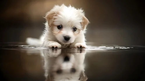 Puppy stargazer leans over water, dreaming in reflections.