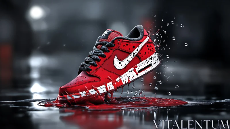 Splashborn crimson sneaker defies the stormy street.