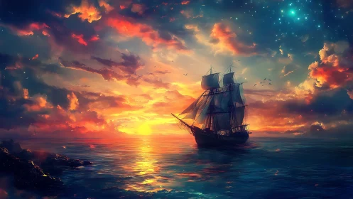 Starlit galleon glides beneath a blazing dreamfire sunset.