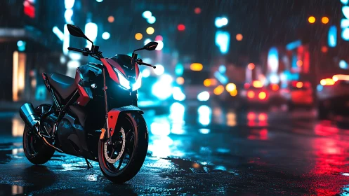Midnight streetfighter motorbike in neon rainstorm glow.