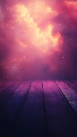 Nebulous magenta sky converges with dark wooden stage plane