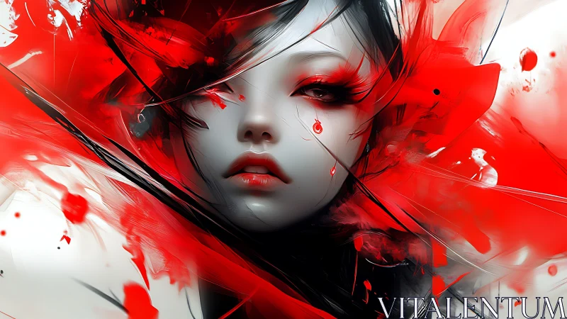 Hyperreal female portrait with dynamic red fluid abstraction