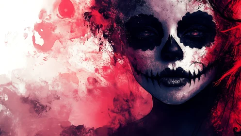 Digital painting portrait with skull mask and red vapor bleed.