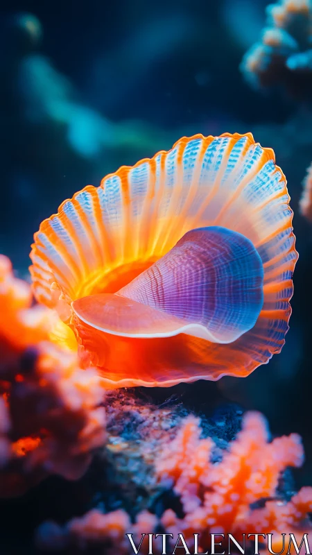 Photorealistic neon coral shell with radiant rim lighting.