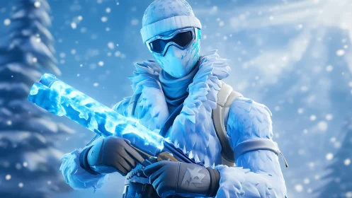 Frostbitten sniper guards a glowing ice storm shotgun.