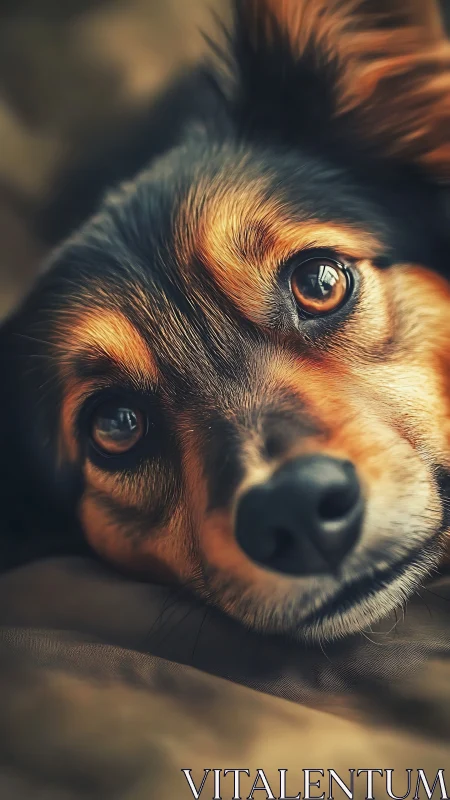 Warm-eyed dog portrait with rich golden side lighting.