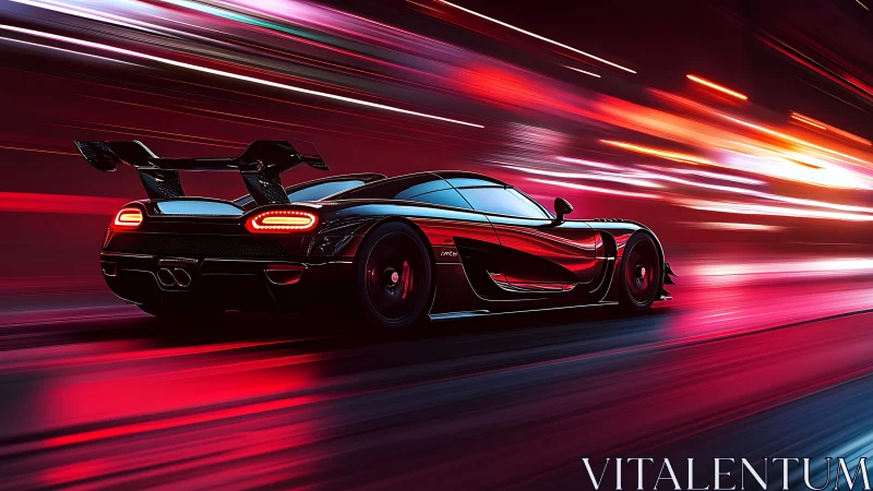 Black hypercar slices neon highway with radiant speed.
