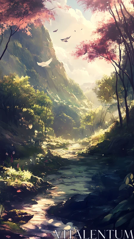 Luminous canyon landscape with floating birds and cherry blossom canopy