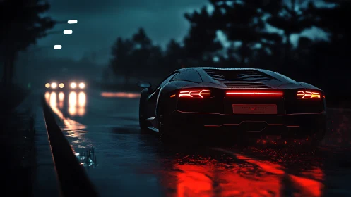 Midnight supercar carves neon red trails through wet asphalt