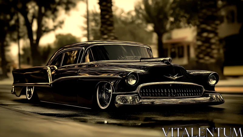 Low-angle view shows modified classic sedan on urban street