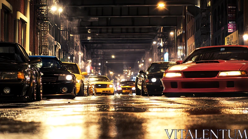 Modified sports cars line wet city street at night.