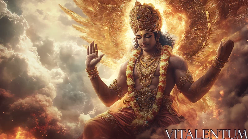 Divine male figure in ornate attire amid fiery cloudscape.