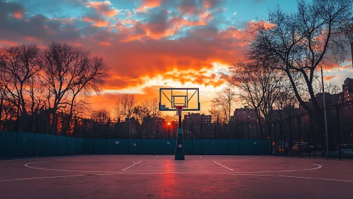 Sunset backboard crowns a quiet city court in molten color