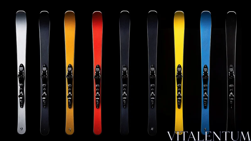 Colorful ski collection lined up for downhill adventures.