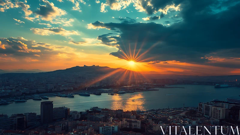 Golden harbor sunset casting warm light over the city.