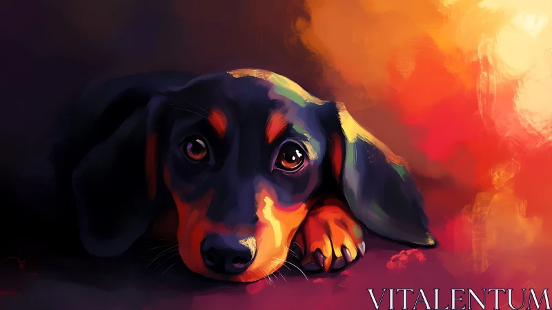 Chromatic dachshund portrait under high-contrast bokeh glow.