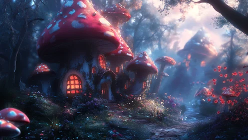 Mushroom cottages glow through misty enchanted forest path