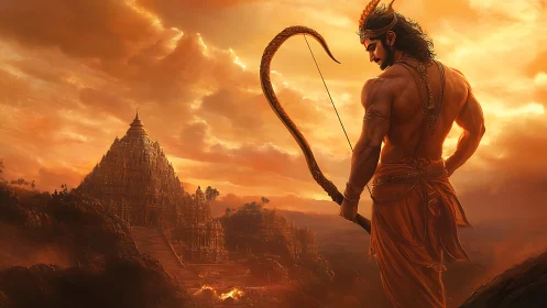 Warrior archer overlooks golden temple city at fiery dusk