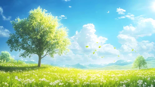 Bright lone tree in sunny meadow under vivid blue sky.