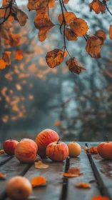 Apples on wooden table beneath dry autumn leaves outdoors.