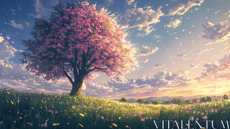 Solitary cherry tree beneath luminous painterly sunset sky.