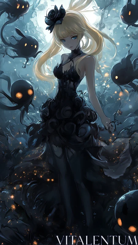Gothic anime sorceress commands dark spirits in ethereal mist