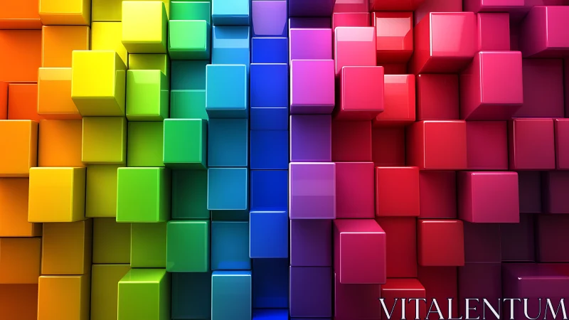 Glossy rainbow cubes form a bold geometric 3D color wall