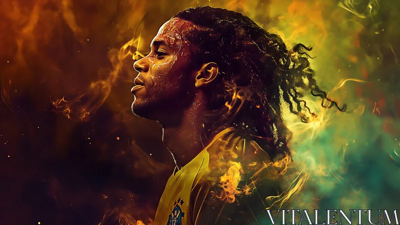 Fiery side profile of footballer emerging through swirling light.