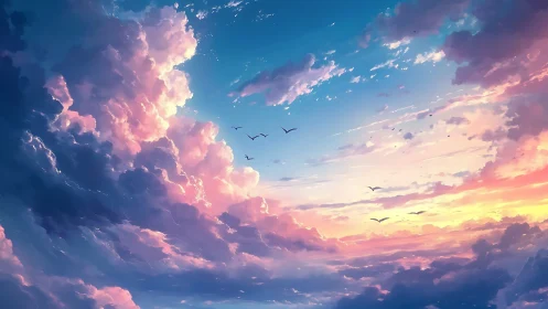 Sky-sailing birds under sherbet thundercloud cathedrals.