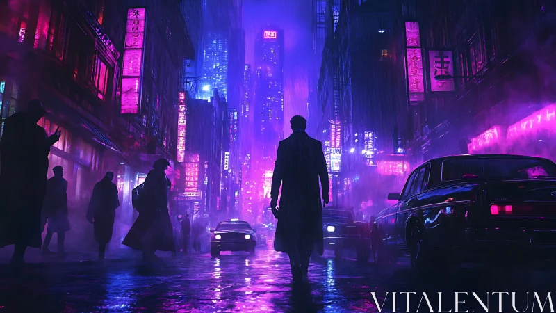 Lone wanderer in neon soaked cyberpunk city night streets.