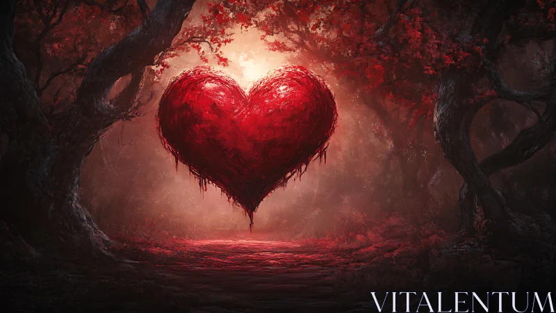 Luminous Heart Suspended in Darkened Forest Ravine