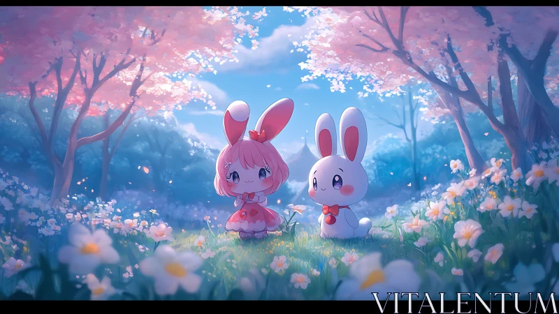 Gentle bunny friends share a pastel spring moment together