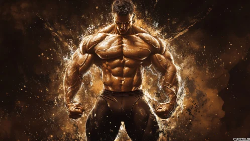 Muscular male bodybuilder stands flexing amid glowing splashes