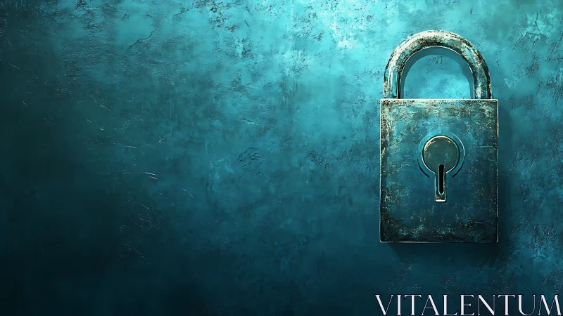 Weathered teal padlock against textured grunge wall.